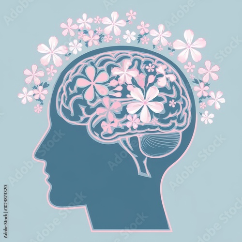 brain clipart svg png background with floral art in the Mind,  Mental health brain vector illustration with postitive message representing background photo