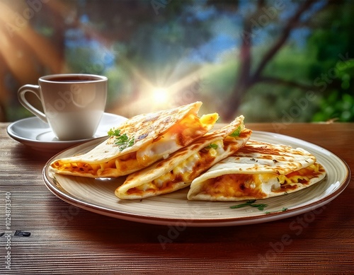 Delicious plate of chicken and cheese quesadillas with black coffee for an healthy breakfast