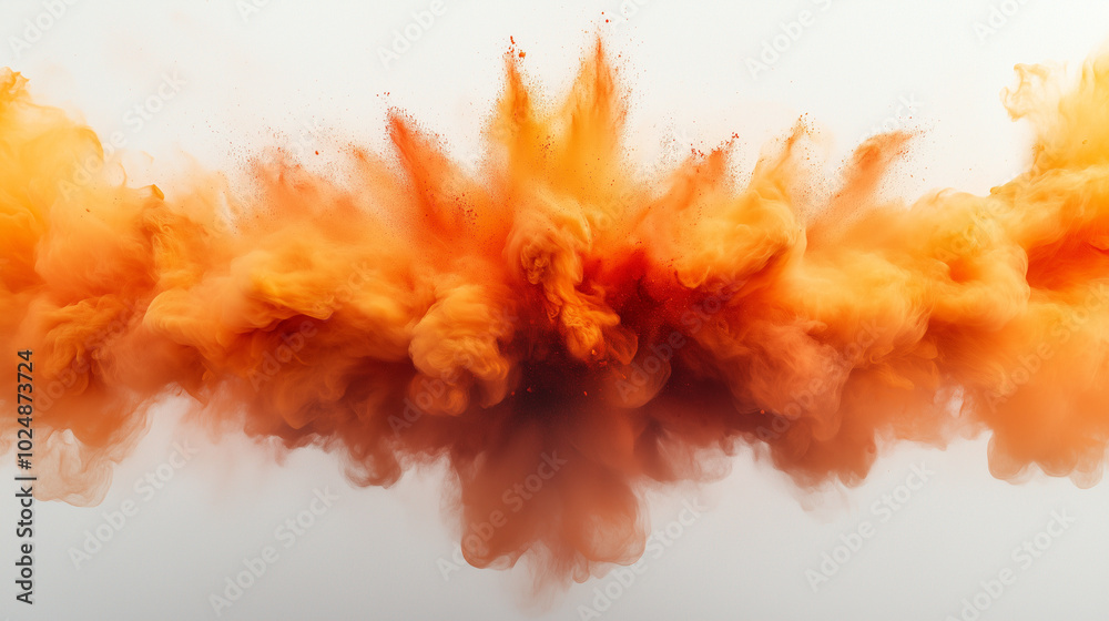 Fototapeta premium abstract image of a yellow powder explosion captured in mid-burst. The explosion should spread outwards symmetrically with dense clouds of red pigment radiating from the center