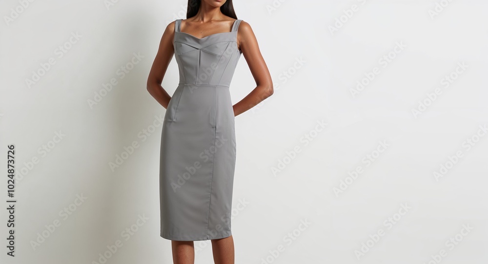 Light grey sheath dress with structured bodice on plain white background Light grey sheath dress with structured bodice on plain white background