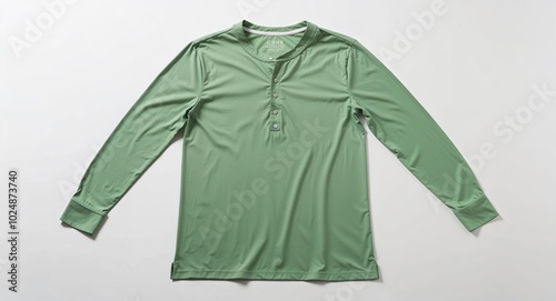 Light green henley shirt with long sleeves on plain white background photo