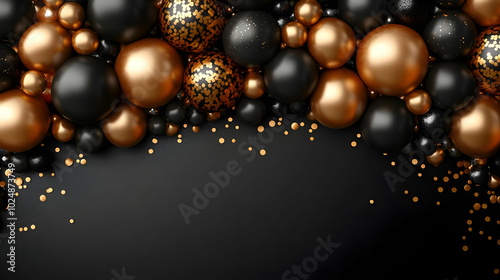 Abstract arrangement of black and gold spheres on a dark background.