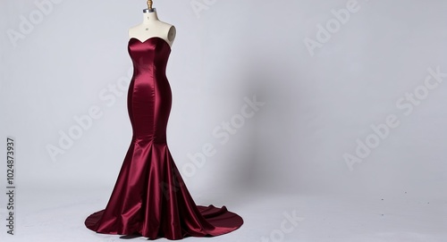 Maroon strapless satin gown with mermaid skirt on plain white background