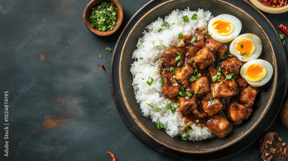 Chicken Adobo Served with Steamed Rice and Hard-Boiled Eggs on a Rustic Plate Chicken Adobo Served with Steamed Rice and Hard-Boiled Eggs on a Rustic Plate