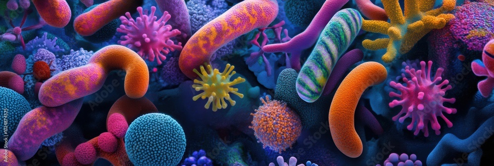 Vibrant Microscopic Bacteria, a detailed depiction showcasing diverse bacterial forms and colors, emphasizing their complexity and beauty. Vibrant Microscopic Bacteria, a detailed depiction showcasing diverse bacterial forms and colors, emphasizing their complexity and beauty.