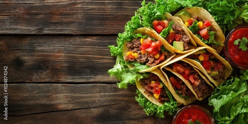 Classic Beef Tacos Topped with Lettuce, Cheese, and Salsa on a Rustic Wooden Table