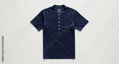 Navy short sleeve henley shirt with button placket on plain white background photo