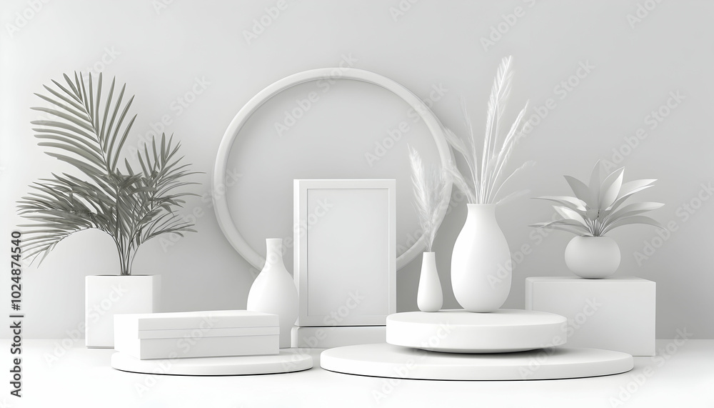 A minimalist white interior design scene with a blank frame, a vase, and potted plants. A minimalist white interior design scene with a blank frame, a vase, and potted plants.