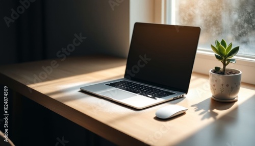 Minimalist Workspace with Laptop and Succulent Plant 