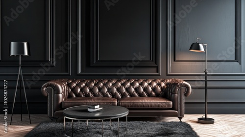 A contemporary, classic black interior features a capitone brown leather chester sofa, a coffee table, a floor lamp, a wood floor, carpeting, and moldings. 3D interior render mockup. photo