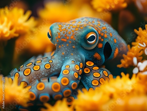 Octopus hiding in a colorful underwater world A colorful octopus hiding among corals and curiously observing its surroundings. photo