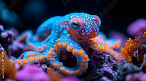 Octopus hiding in a colorful underwater world A colorful octopus hiding among corals and curiously observing its surroundings.