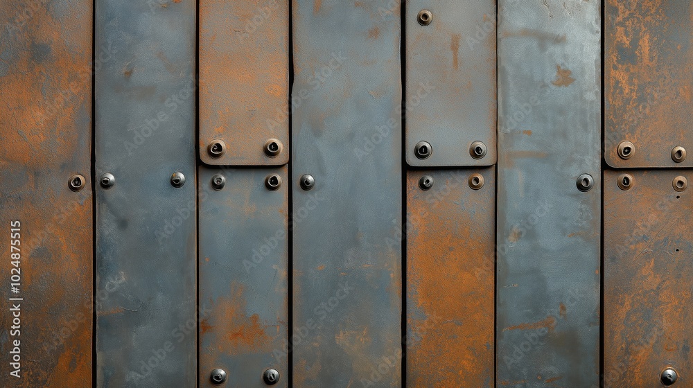Fototapeta premium Close-up of a rusted metal wall with overlapping panels and visible rivets creating an industrial texture.