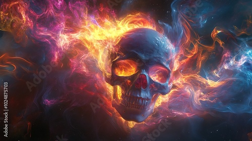 A skull surrounded by a vortex of flames in abstract shapes, glowing fiercely with vibrant colors like neon red, yellow, and purple. The flames seem to move and twist,