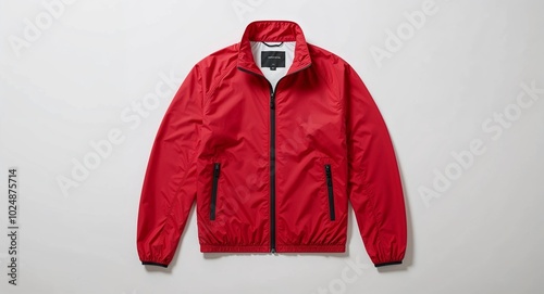 Red windbreaker jacket with zip front on plain white background photo