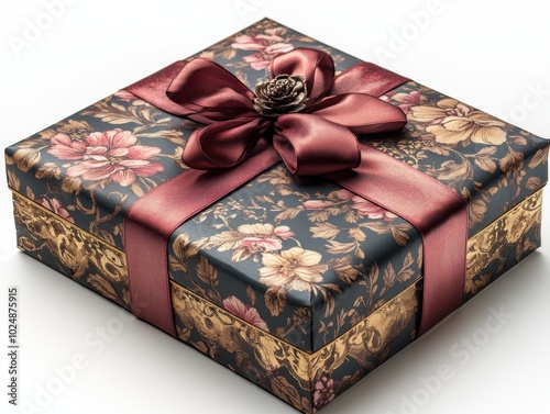 A beautifully decorated gift box, isolated on white background. 