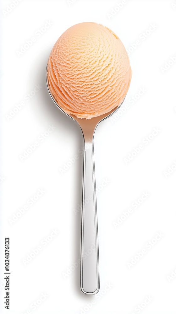 Spoon with a scoop of peach ice cream, white isolated background Spoon with a scoop of peach ice cream, white isolated background