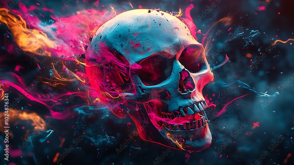 A skull surrounded by chaotic graffiti patterns in neon pink, blue, and yellow, the swirling shapes distorting its form and creating a sense of dynamic motion. A skull surrounded by chaotic graffiti patterns in neon pink, blue, and yellow, the swirling shapes distorting its form and creating a sense of dynamic motion.