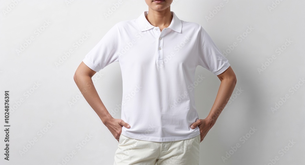 White cotton short sleeve polo with collar on plain white background White cotton short sleeve polo with collar on plain white background