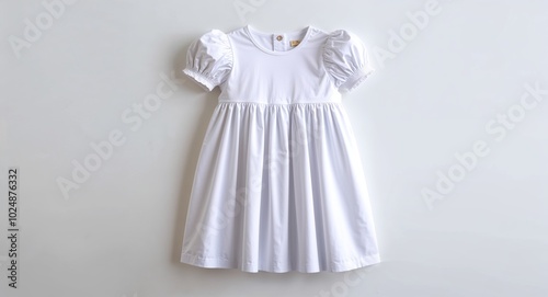 White cotton dress with puffed sleeves on plain white background