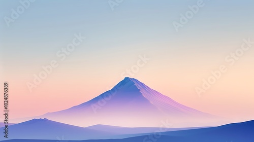 A serene digital landscape featuring a mountain at dawn with soft pastel colors.