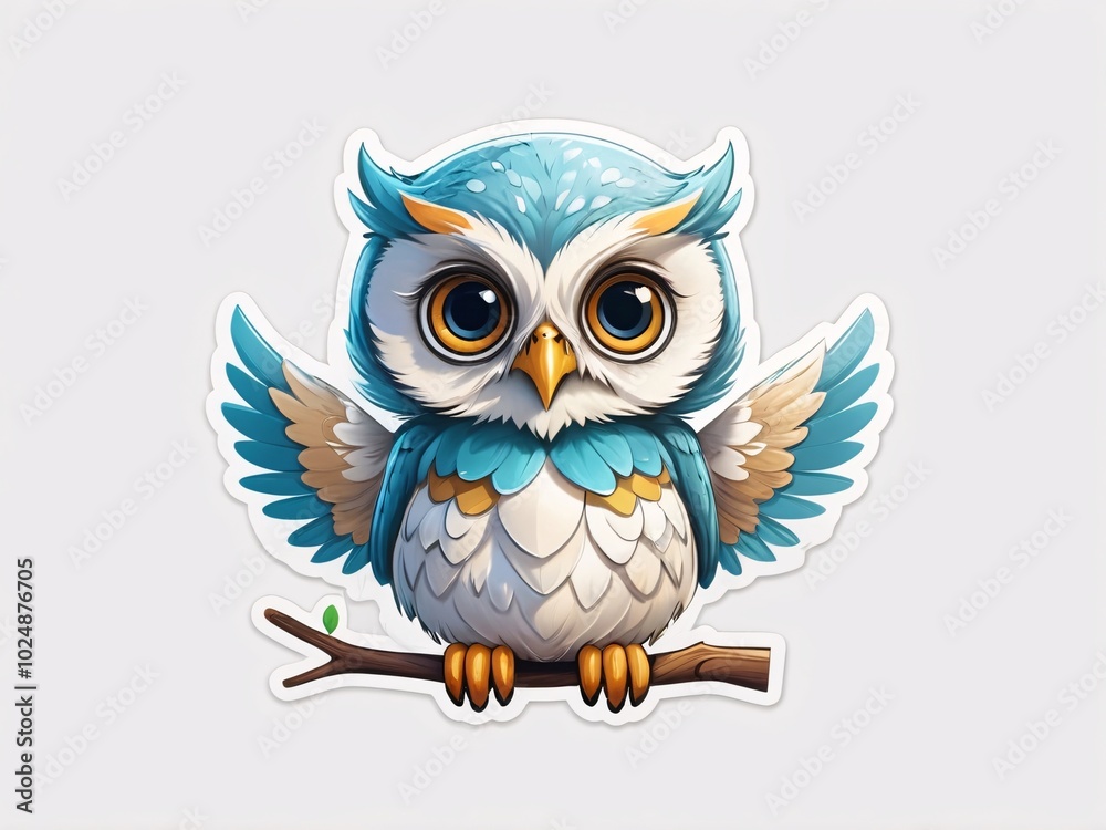 Fototapeta premium Sticker a cute blue light baby owl standing on a branch white background generative ai