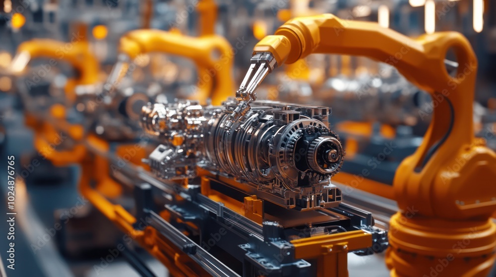A group of automotive engineers are using computers to create sophisticated three-dimensional models for advanced engines. Industrial Assembly Line Manufacturing Vehicles with Automated Robot Arms