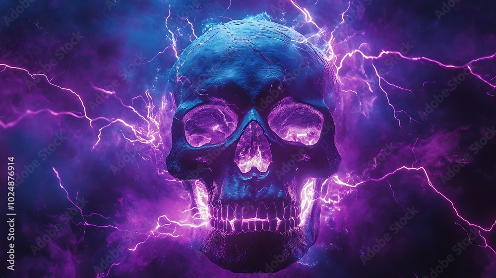 A skull surrounded by chaotic lightning bolts, with vivid neon blue and violet colors lighting up the scene. The skull’s surface is highlighted by the electric arcs, A skull surrounded by chaotic lightning bolts, with vivid neon blue and violet colors lighting up the scene. The skull’s surface is highlighted by the electric arcs,