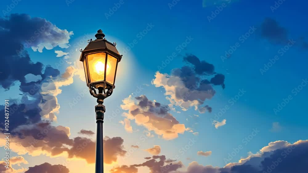A streetlamp shines brightly against a backdrop of fluffy clouds in a sky filled with the colors of a sunset A streetlamp shines brightly against a backdrop of fluffy clouds in a sky filled with the colors of a sunset