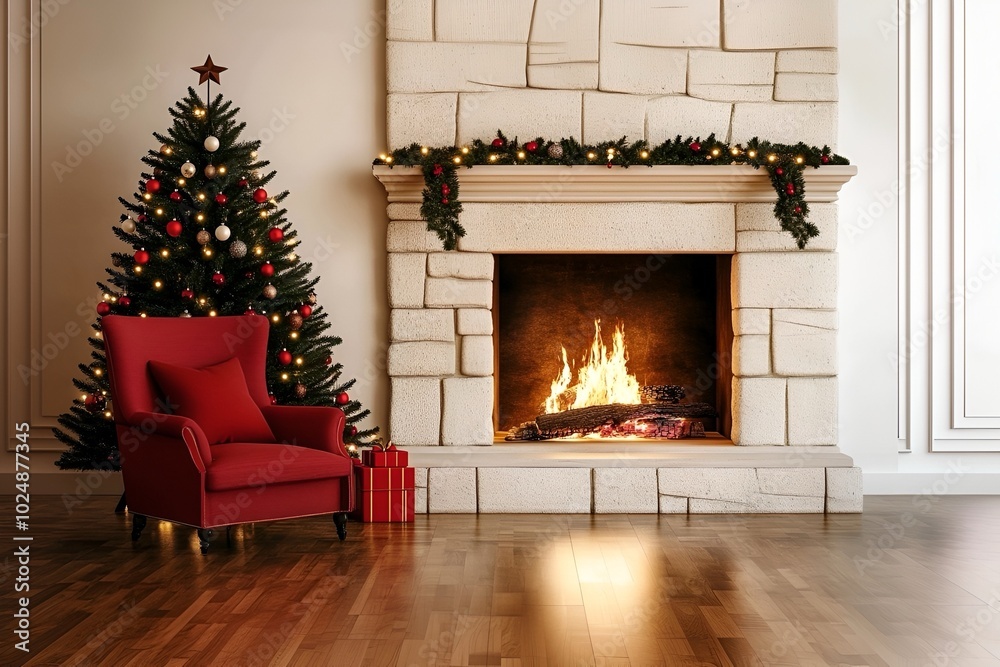 Fototapeta premium A cozy Christmas scene with a decorated tree, a warm fireplace, and a comfortable red chair, creating a festive atmosphere.
