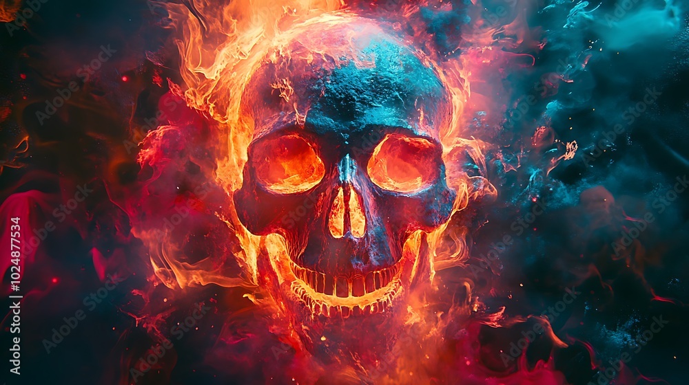 A skull surrounded by erratic, swirling graffiti lines, with vibrant colors like neon red, orange, and teal blending into the chaos. A skull surrounded by erratic, swirling graffiti lines, with vibrant colors like neon red, orange, and teal blending into the chaos.