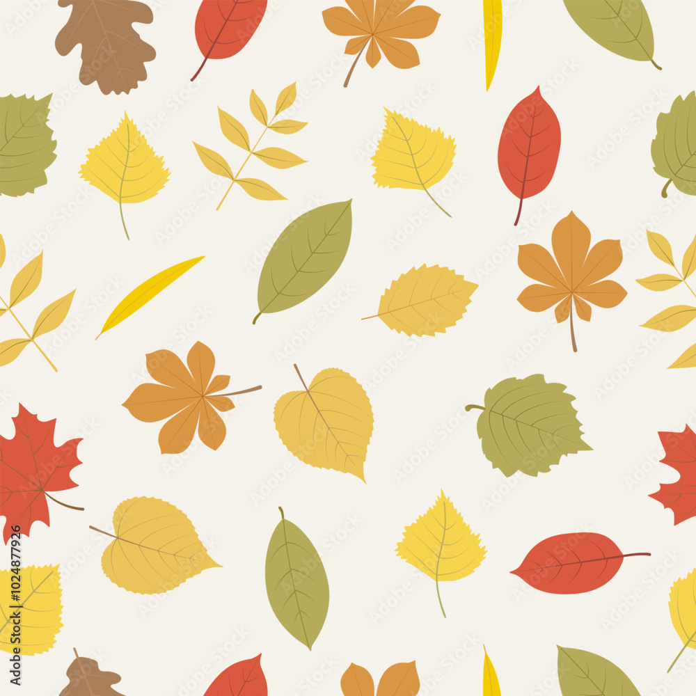 Autumn leaves from different trees on a beige background. Seamless pattern, flat style. Vegetable background for paper, gift wrap, textile, interior decor. Autumn leaves from different trees on a beige background. Seamless pattern, flat style. Vegetable background for paper, gift wrap, textile, interior decor.