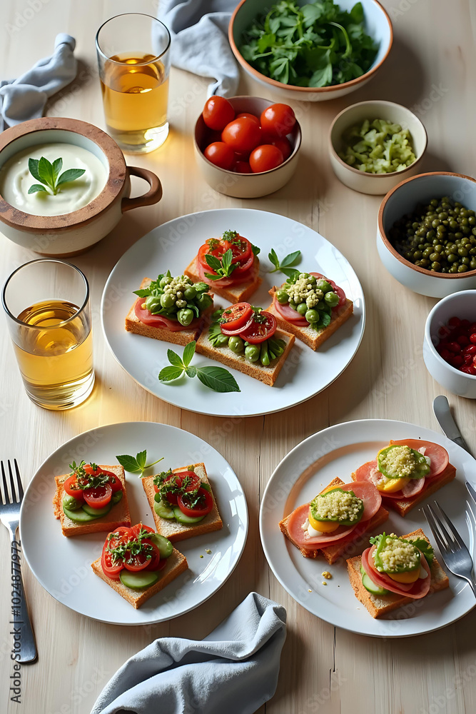 Smørrebrød feast with open sandwiches topped with avocado, tomatoes, and herbs, styled on a light wooden table with bowls of garnish, linen napkins, and glasses of aquavit in a Scandinavian setting Smørrebrød feast with open sandwiches topped with avocado, tomatoes, and herbs, styled on a light wooden table with bowls of garnish, linen napkins, and glasses of aquavit in a Scandinavian setting