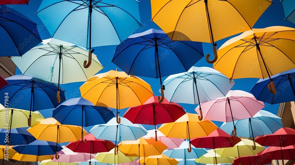 A colorful tapestry of umbrellas suspended in the air, a vibrant spectacle of hues and shapes dancing against a clear blue sky. A colorful tapestry of umbrellas suspended in the air, a vibrant spectacle of hues and shapes dancing against a clear blue sky.