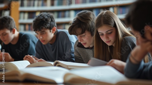 Students collaborate on a school project in the library, sharing ideas and resources