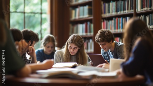 Students collaborate on a school project in the library, sharing ideas and resources