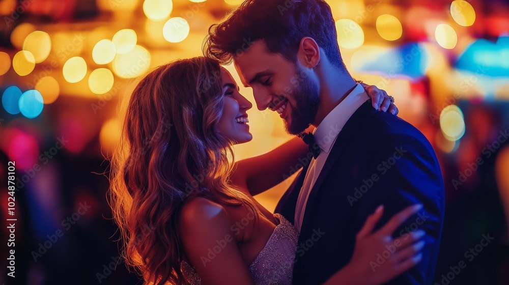 Festive banner for Prom Night with happy couple disco, Young beautiful couple dancing and having fun at the holiday Festive banner for Prom Night with happy couple disco, Young beautiful couple dancing and having fun at the holiday