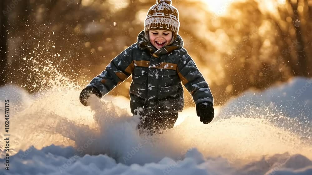 A young child wearing a winter jacket and hat smiles as they run through the snow on a sunny winter day
