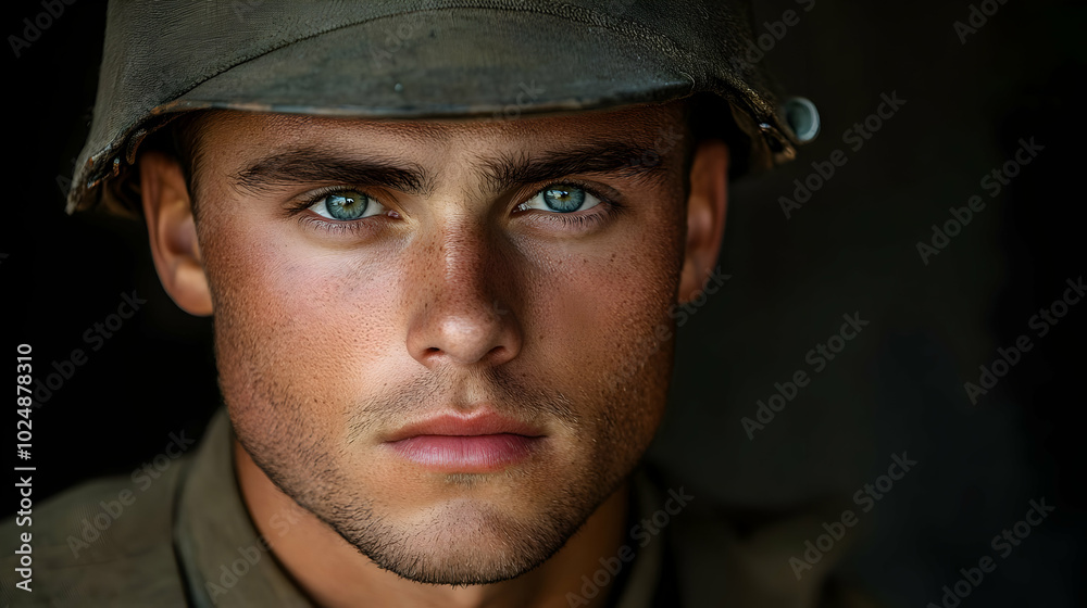 A close-up portrait of a young soldier in military attire. A close-up portrait of a young soldier in military attire.