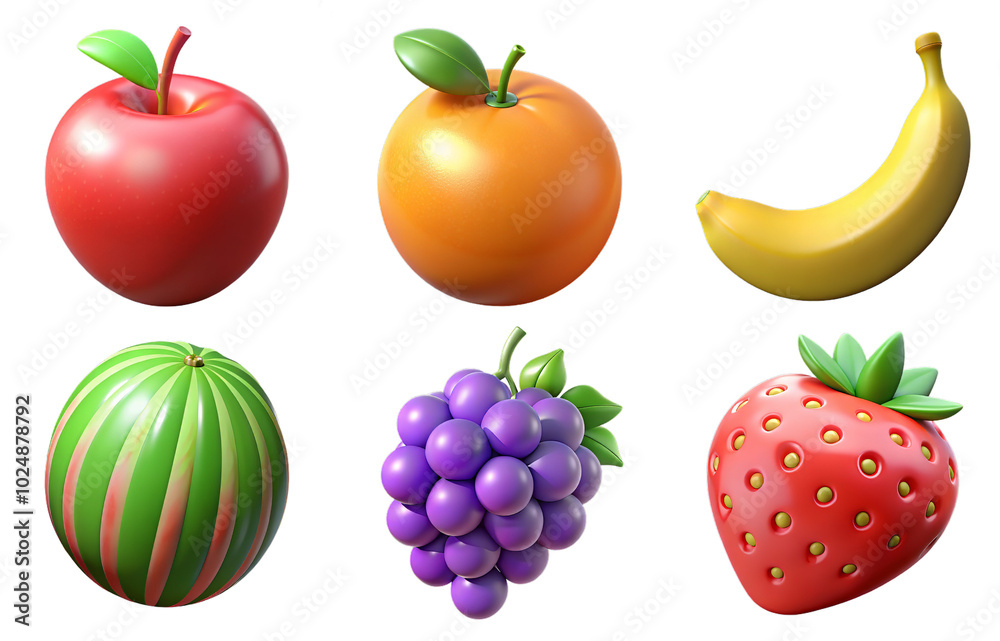 3d render set of Fruit Set isolated on transparent background Cartoon Illustration in plastic style 3d render set of Fruit Set isolated on transparent background Cartoon Illustration in plastic style