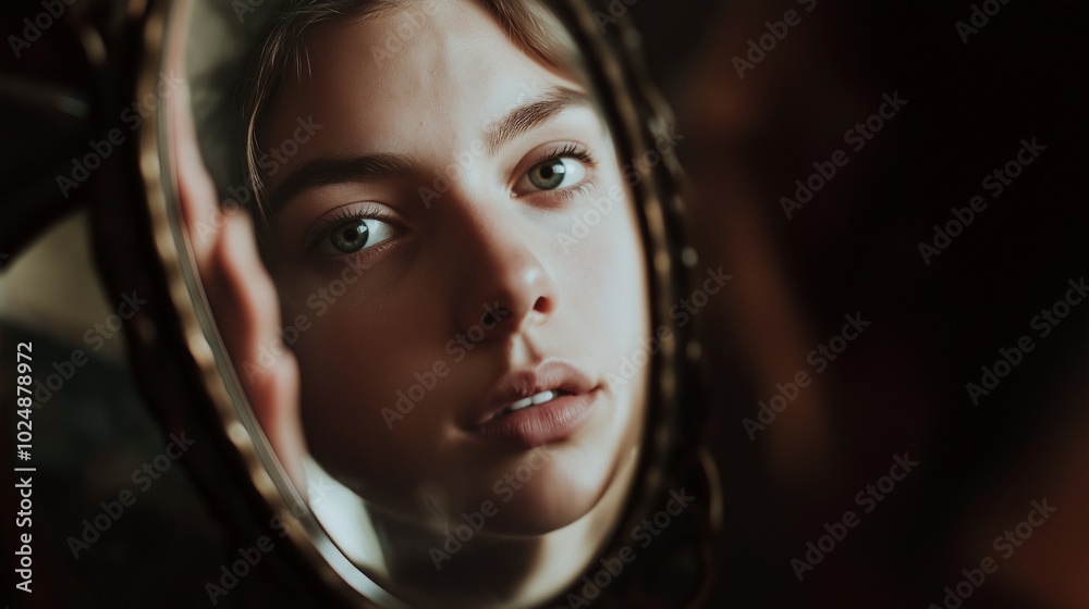 woman looking at her reflection in the mirror woman looking at her reflection in the mirror