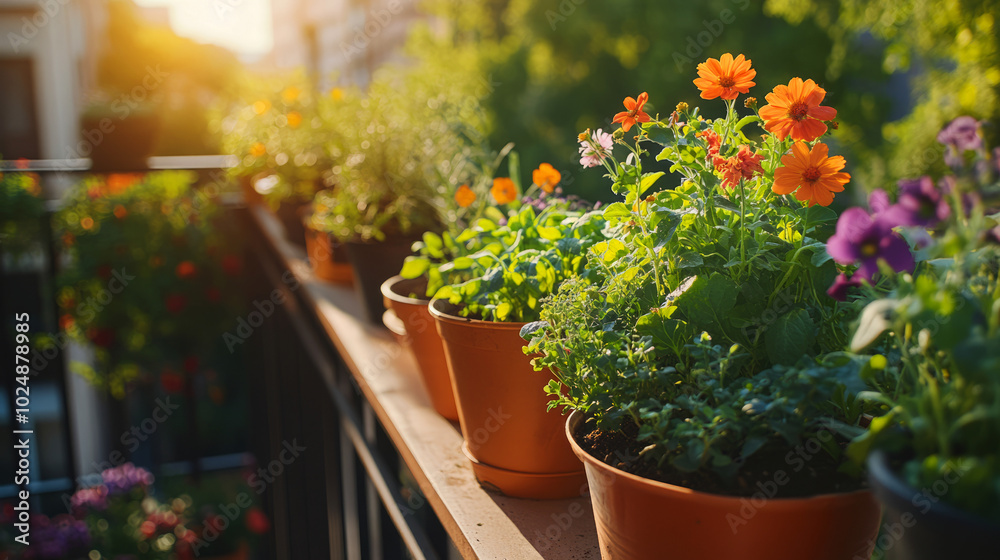 Urban Balcony Garden with Colorful Flowers and Greenery Urban Balcony Garden with Colorful Flowers and Greenery