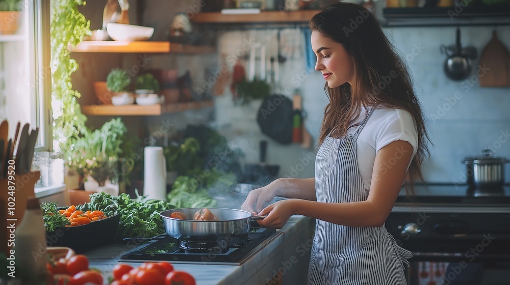 young woman cooking in clear modern kitchen young woman cooking in clear modern kitchen