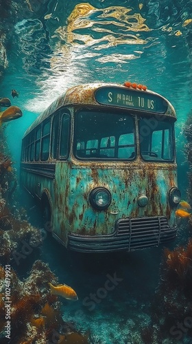 Rusty bus underwater, surrounded by fish and coral.