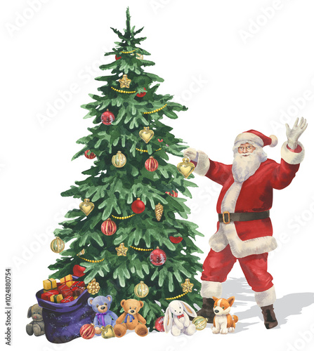Watercolor Santa Claus, Christmas tree and gifts