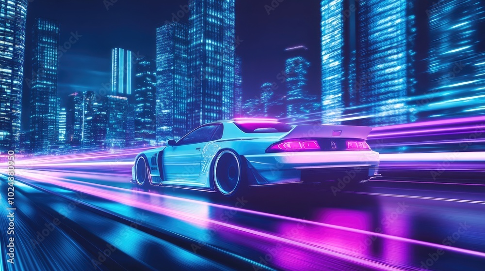 Fast-driving white car illuminated by neon blue and purple lights, with towering skyscrapers creating a vibrant night scene