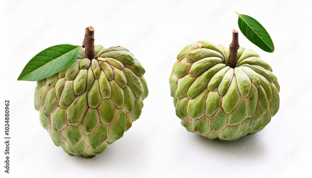 Obraz premium custard apple or sugar apple two whole ripe exotic tropical fruits with green leaves isolated on white background healthy food diet and vegetarian nutrition