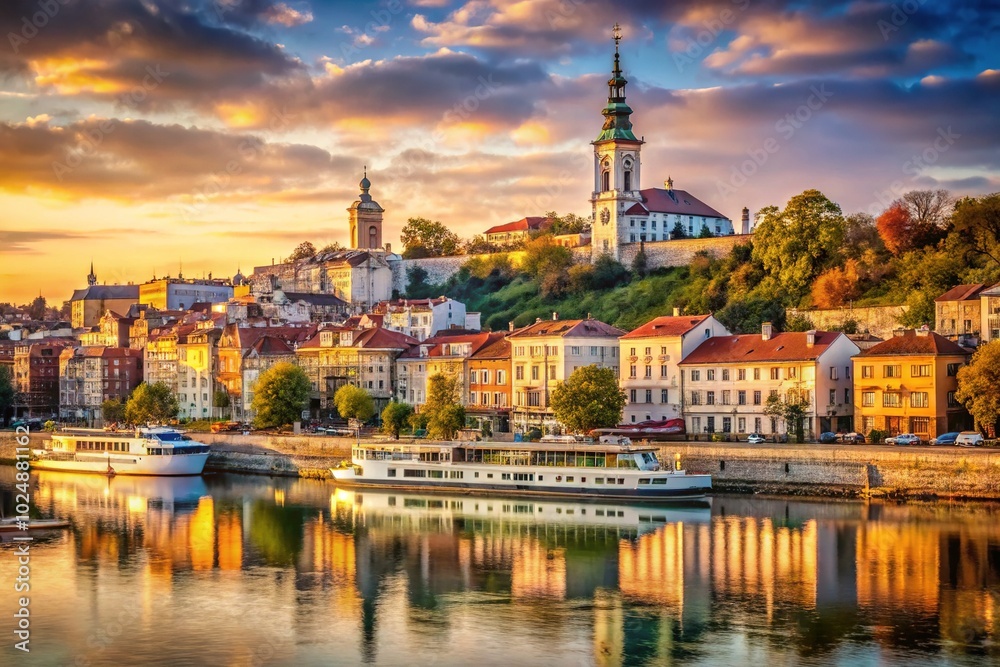 Naklejka premium Vintage Riverfront Scene of Belgrade's Historic Capital with Timeless Charm