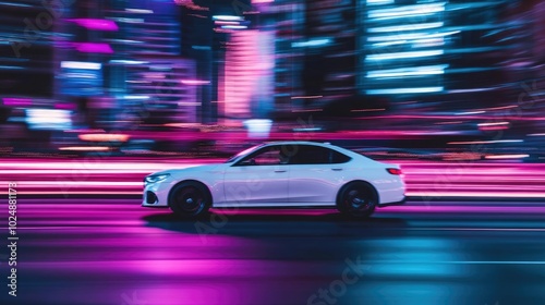 White car speeding through city streets at night, with neon blue and purple skyscrapers lighting up the background