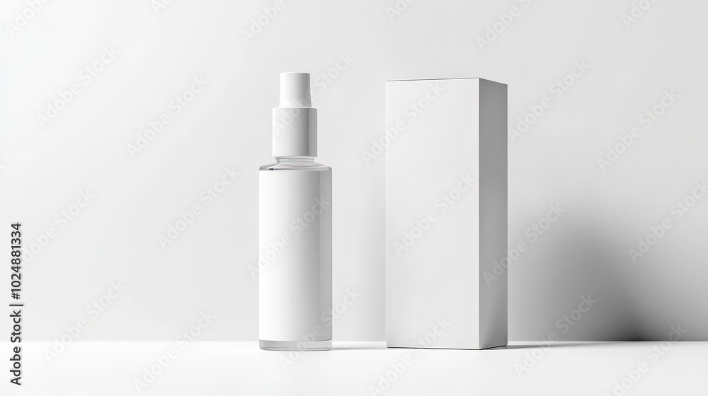 A white bottle with a spray nozzle and a matching white box on a white background.